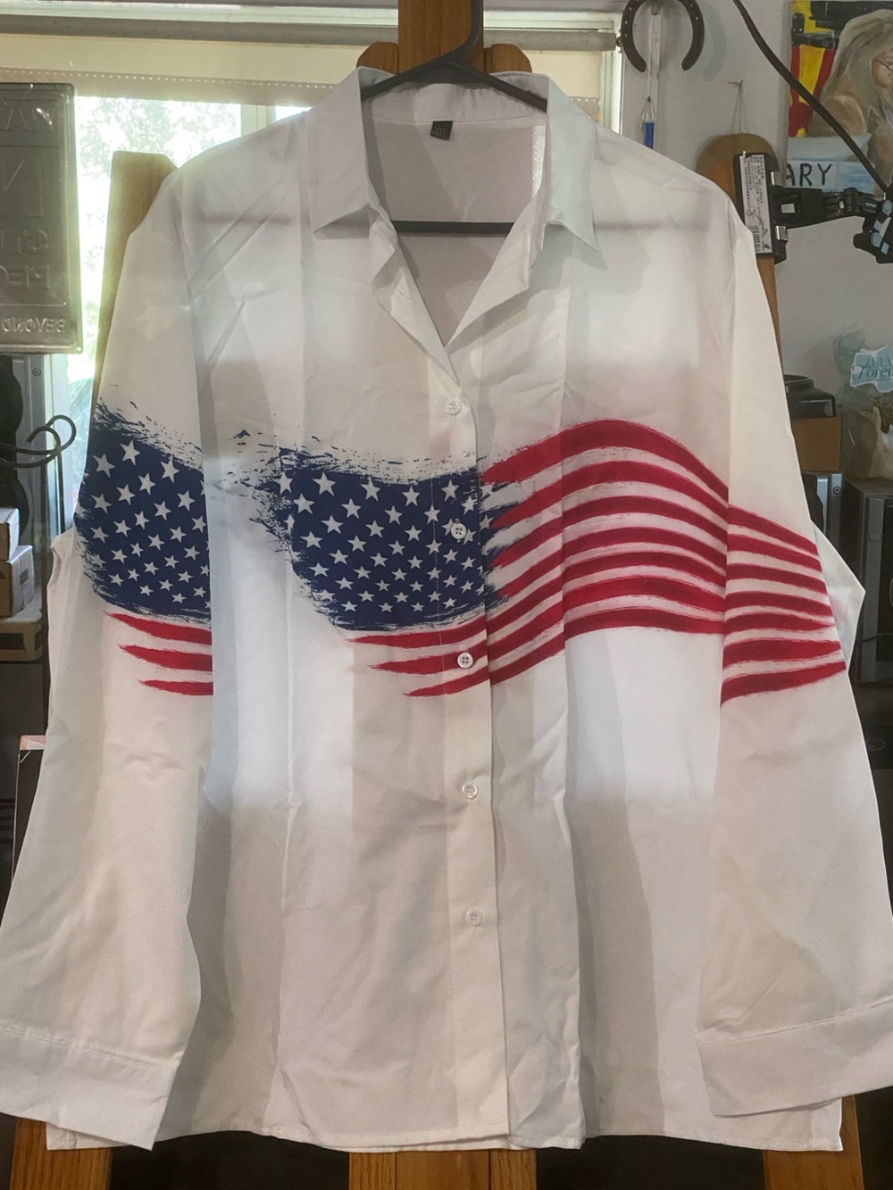 White Button-Up Shirt with American Flag Graphic